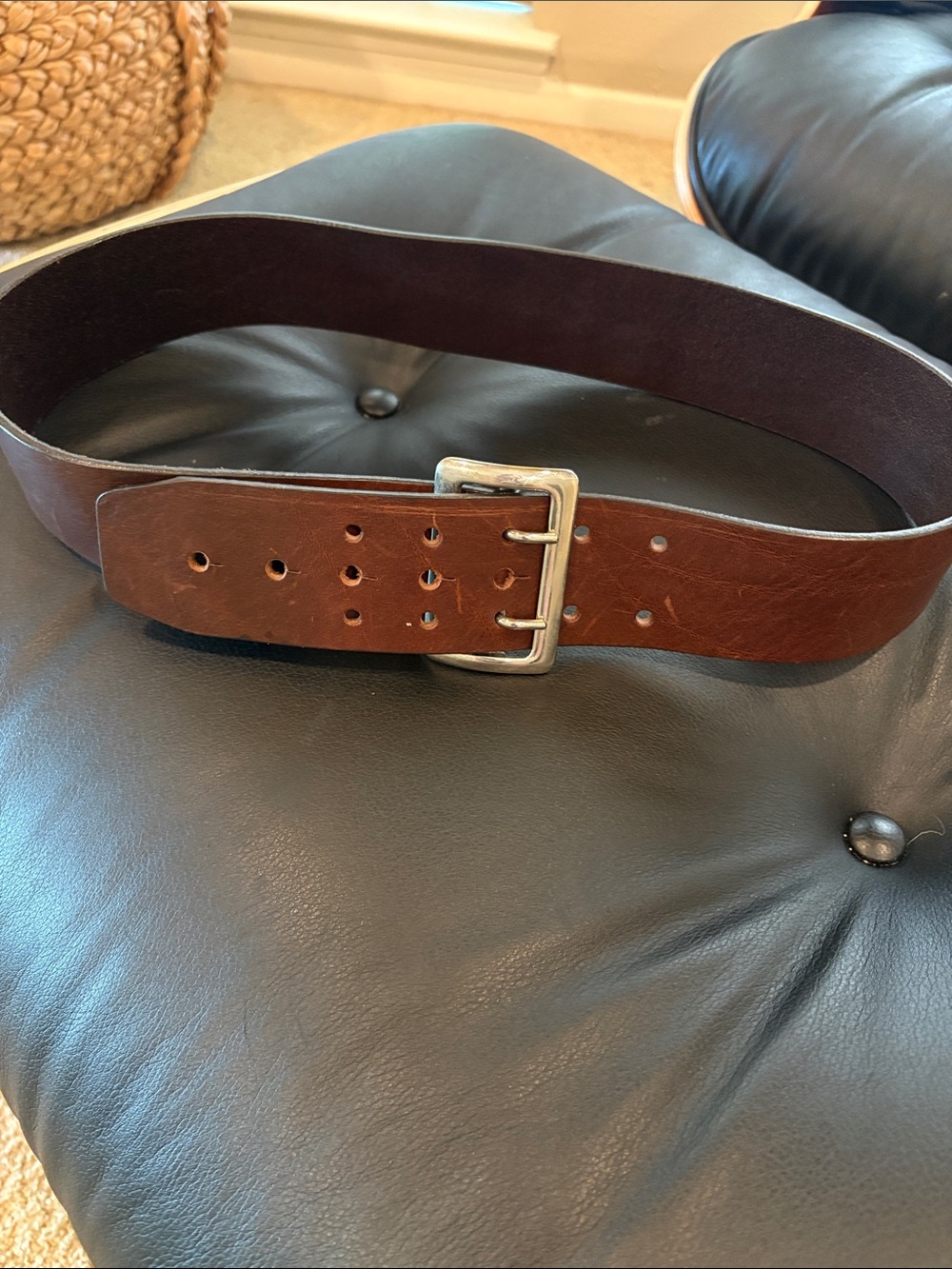 Ladies brown leather belt with buckle. 2” wide. 39” length.